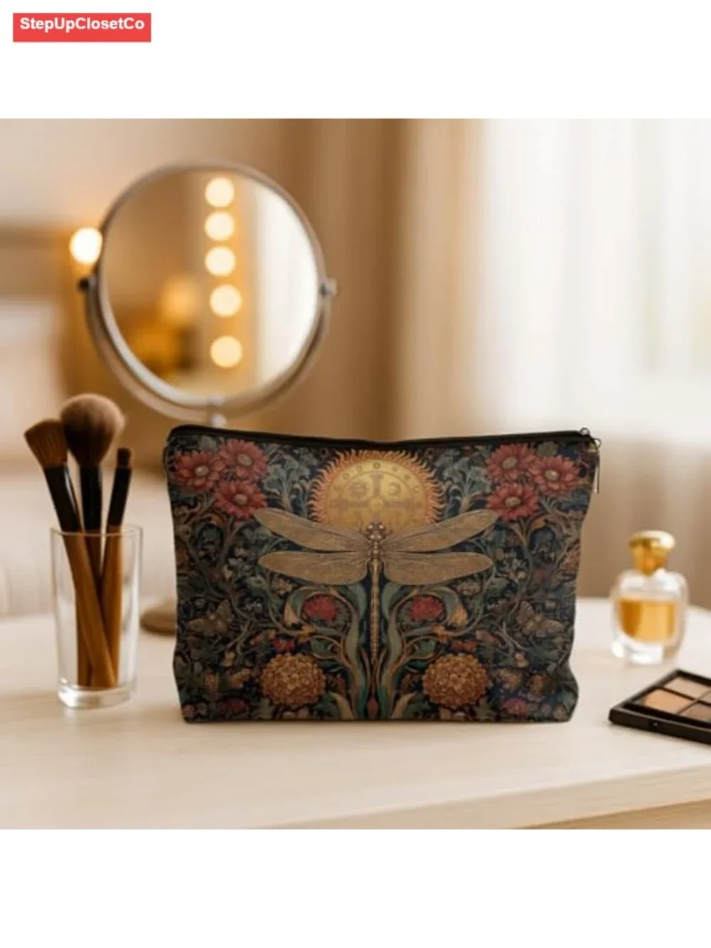 Waterproof Linen Floral Dragonfly Makeup Bag Toiletry Zipper Pouch Cosmetics
